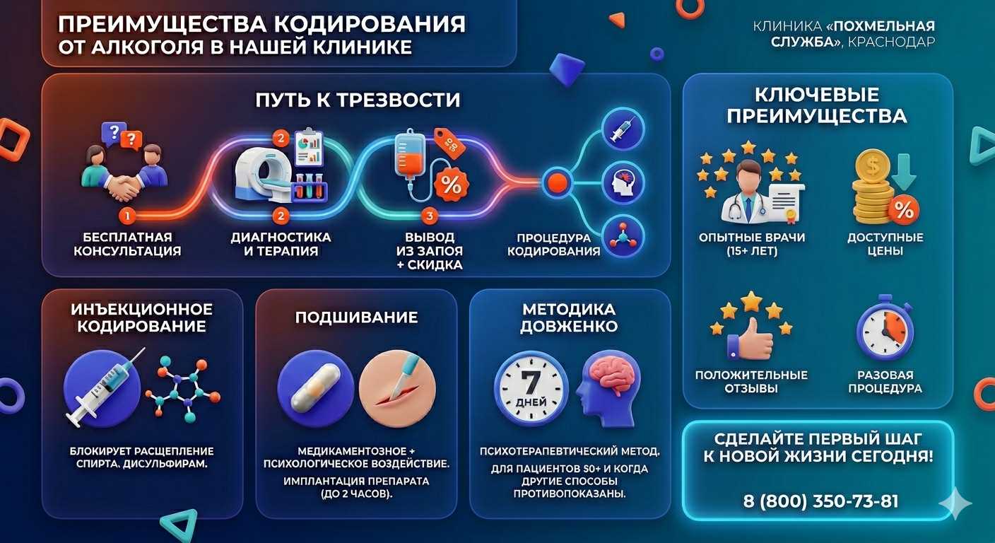 Инфографика о методах кодирования от алкоголя в Разумном: инъекции, подшивание, метод Довженко. Преимущества клиники и этапы лечения.